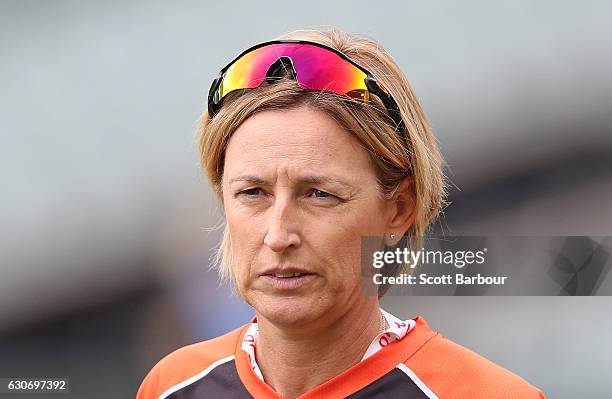 Lisa Keightley, coach of the Scorchers looks on during the WBBL match between the Strikers and Scorchers at the Adelaide Oval on December 31, 2016 in...