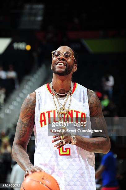 2Chainz is seen before the game betwenn the Detroit Pistons and Atlanta Hawks on December 30, 2016 at Philips Arena in Atlanta, Georgia. NOTE TO...