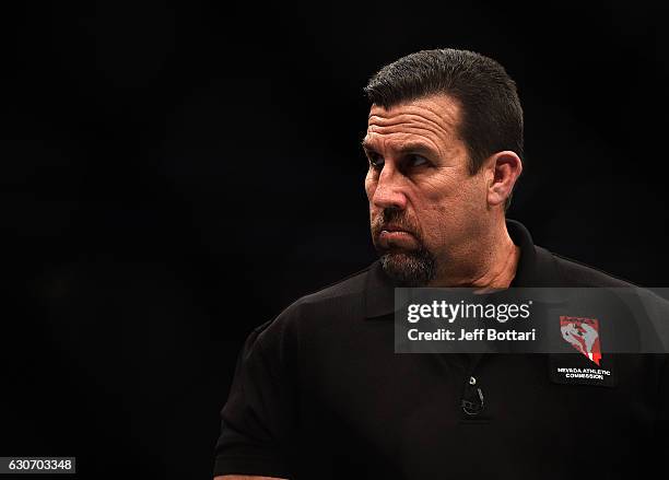 Referee John McCarthy looks on during the UFC 207 event at T-Mobile Arena on December 30, 2016 in Las Vegas, Nevada.