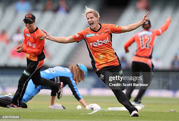 Katherine Brunt of the Scorchers celebrates after running out Alex Price of the Strikers during the WBBL match between the Strikers and Scorchers at...