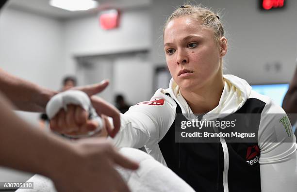 Ronda Rousey has her hands wrapped backstage during the UFC 207 event at T-Mobile Arena on December 30, 2016 in Las Vegas, Nevada.