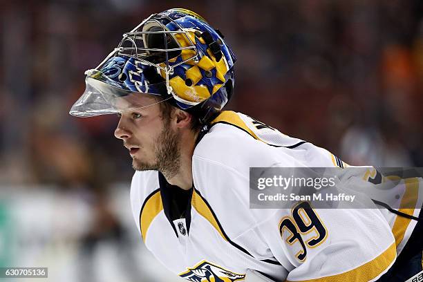 Marek Mazanec of the Nashville Predators looks on during the third period of a game against the Anaheim Ducks at Honda Center on October 26, 2016 in...