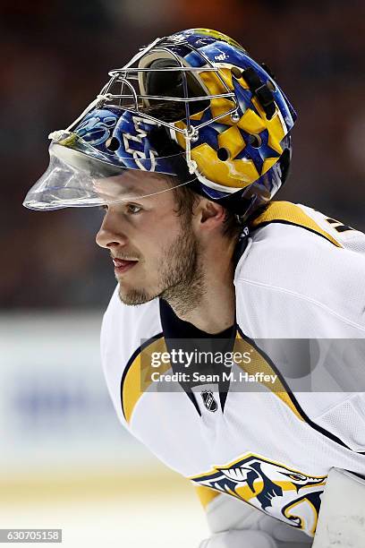 Marek Mazanec of the Nashville Predators looks on during the third period of a game against the Anaheim Ducks at Honda Center on October 26, 2016 in...