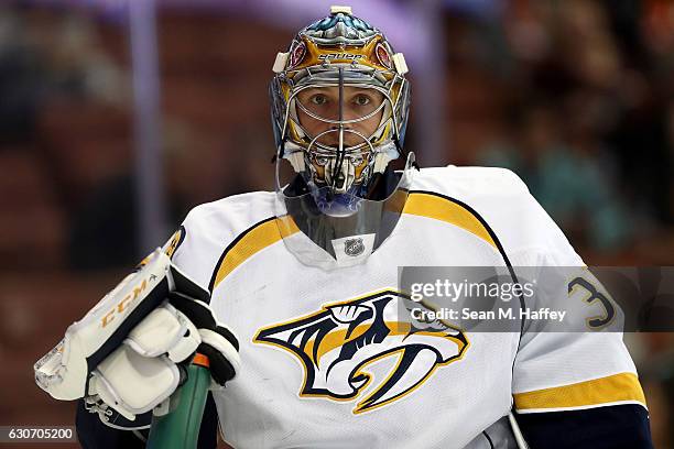 Marek Mazanec of the Nashville Predators looks on during the third period of a game against the Anaheim Ducks at Honda Center on October 26, 2016 in...