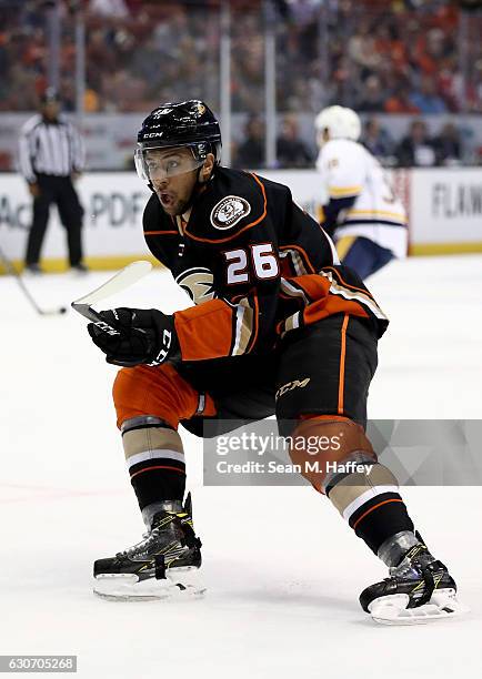 Emerson Etem of the Anaheim Ducks skates to the puck during the first period of a game against the Nashville Predators at Honda Center on October 26,...