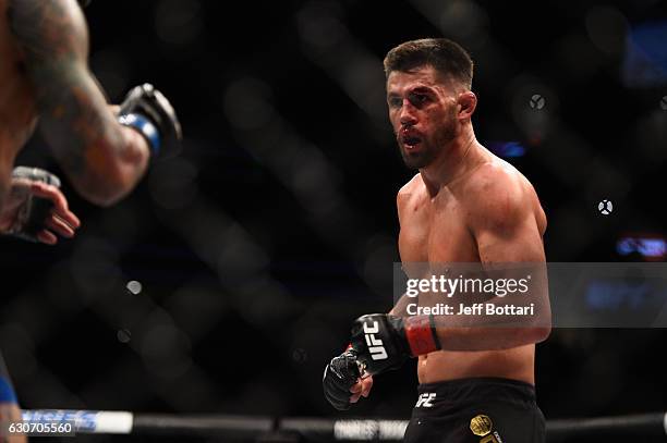 Dominick Cruz squares off with Cody Garbrandt in their UFC bantamweight championship bout during the UFC 207 event at T-Mobile Arena on December 30,...