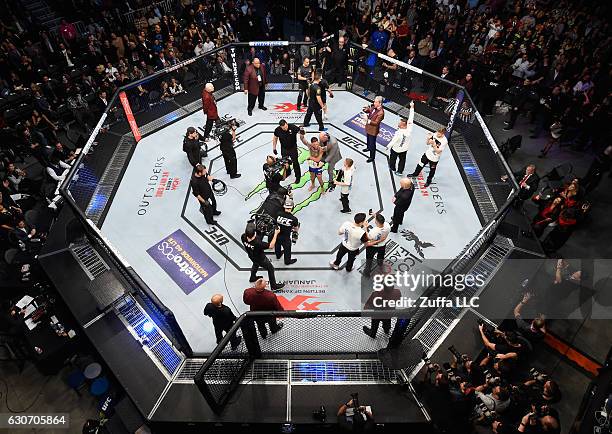 An overhead view of the Octagon as Cody Garbrandt reacts to his victory over Dominick Cruz during the UFC 207 event at T-Mobile Arena on December 30,...