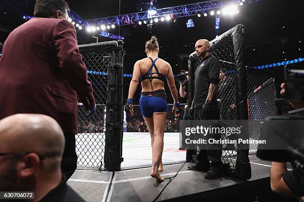 Ronda Rousey enters the Octagon to face Amanda Nunes of Brazil in their UFC women's bantamweight championship bout during the UFC 207 event on...