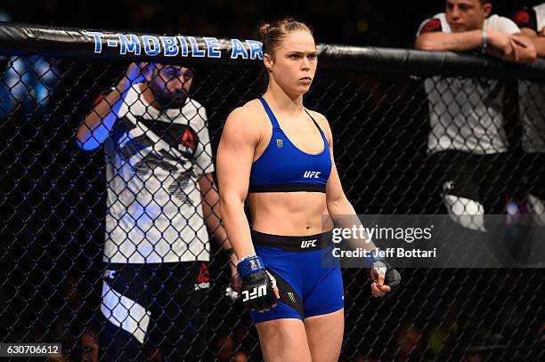 Ronda Rousey prepares to face Amanda Nunes of Brazil in their UFC women's bantamweight championship bout during the UFC 207 event at T-Mobile Arena...