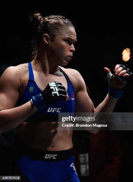 Ronda Rousey prepares to face Amanda Nunes in their UFC bantmaweight championship bout during the UFC 207 event at T-Mobile Arena on December 30,...