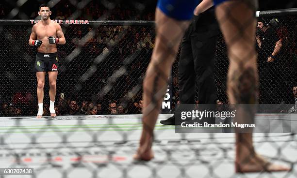 Dominick Cruz prepares to face Cody Garbrandt in their UFC bantamweight championship bout during the UFC 207 event at T-Mobile Arena on December 30,...