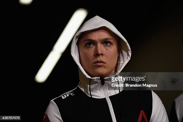 Ronda Rousey prepares to walk to the Octagon to face Amanda Nunes in their UFC bantamweight championship bout during the UFC 207 event at T-Mobile...