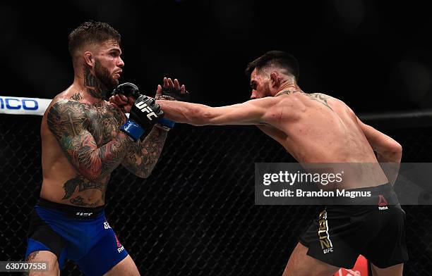 Dominick Cruz punches Cody Garbrandt in their UFC bantamweight championship bout during the UFC 207 event at T-Mobile Arena on December 30, 2016 in...