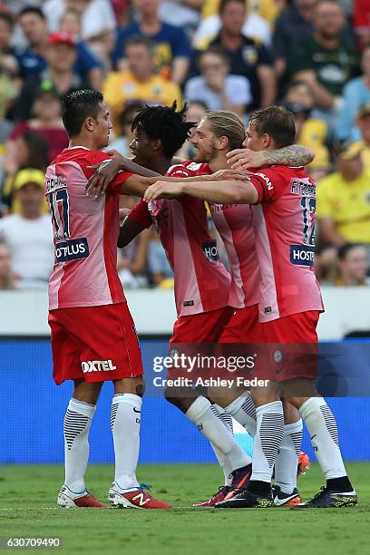 Tim Cahill of Melbourne City celebrates his goal with his team during the round 13 A-League match between the Central Coast Mariners and Melbourne...