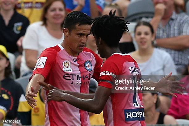 Tim Cahill of Melbourne City celebrates his goal with his team during the round 13 A-League match between the Central Coast Mariners and Melbourne...