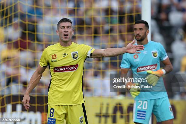 Nick Montgomery of the Mariners points during the round 13 A-League match between the Central Coast Mariners and Melbourne City at Central Coast...