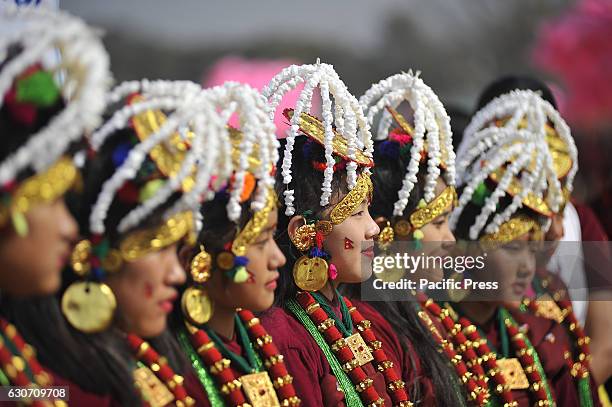 Nepalese Gurung community girl smiles in a traditional attire during the celebration of Tamu Lhosar or Losar at Kathmandu, Nepal on Friday, December...