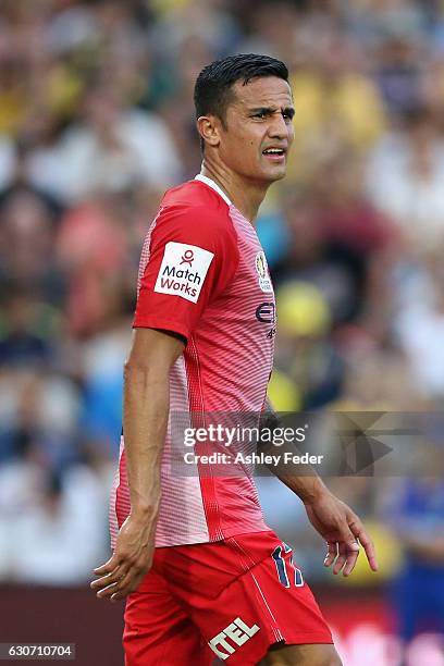 Tim Cahill of Melbourne City looks on during the round 13 A-League match between the Central Coast Mariners and Melbourne City at Central Coast...