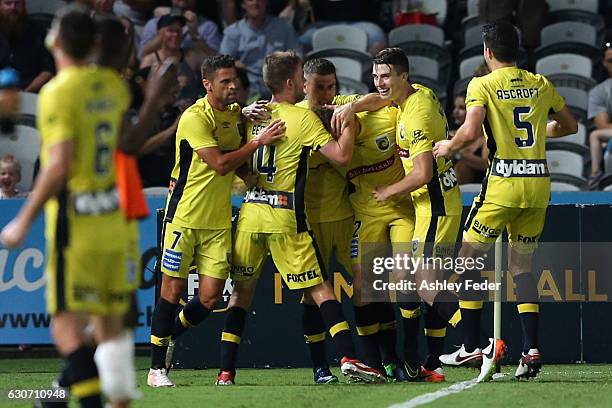 Trent Buhagier of the Mariners celebrates his goal with his team during the round 13 A-League match between the Central Coast Mariners and Melbourne...