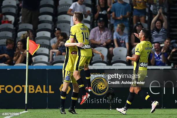 Trent Buhagier of the Mariners celebrates his goal with his team during the round 13 A-League match between the Central Coast Mariners and Melbourne...