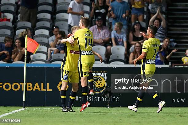 Trent Buhagier of the Mariners celebrates his goal with his team during the round 13 A-League match between the Central Coast Mariners and Melbourne...