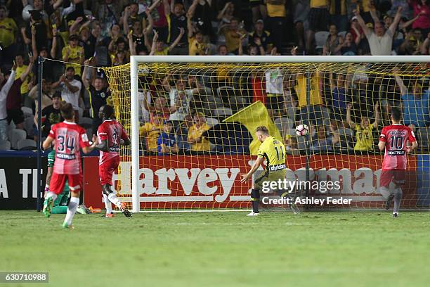 Connor Pain of the Mariners celebrates his team scoring during the round 13 A-League match between the Central Coast Mariners and Melbourne City at...