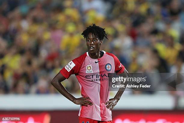 Bruce Kamau of Melbourne City looks dejected after a near miss at goal during the round 13 A-League match between the Central Coast Mariners and...