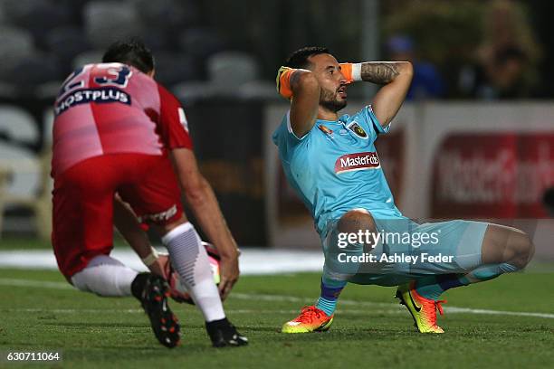 Paul Izzo of the Mariners concedes a penalty from Bruno Fornaroli during the round 13 A-League match between the Central Coast Mariners and Melbourne...