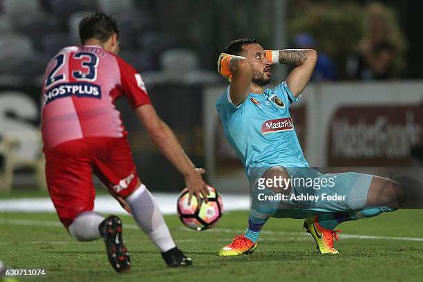 Paul Izzo of the Mariners concedes a penalty from Bruno Fornaroli during the round 13 A-League match between the Central Coast Mariners and Melbourne...