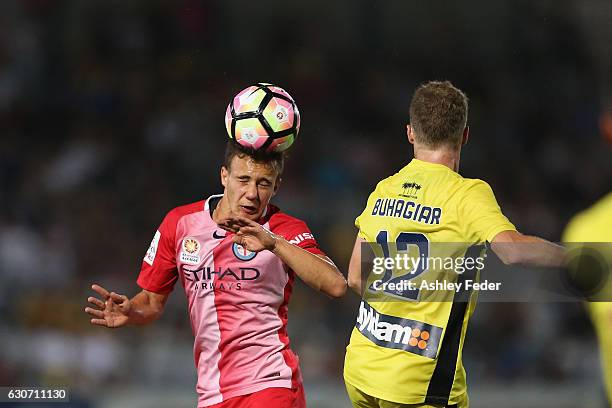 Denis Genreau of Melbourne City heads the ball during the round 13 A-League match between the Central Coast Mariners and Melbourne City at Central...