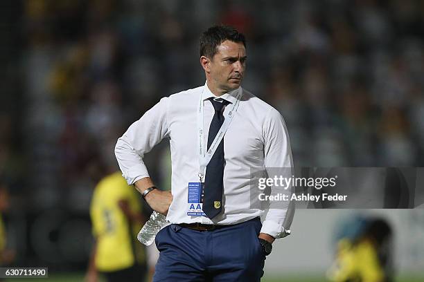 Paul Okon coach of the Mariners reacts to drawing with Melbourne City during the round 13 A-League match between the Central Coast Mariners and...