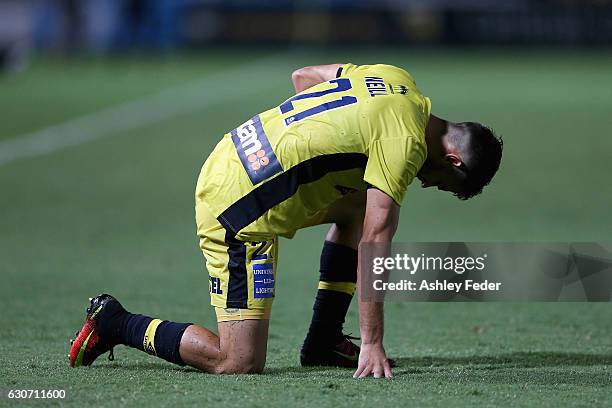 Michael Neill of the Mariners looks dejected after drawing to Melbourne City during the round 13 A-League match between the Central Coast Mariners...