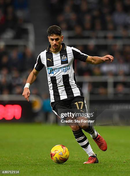 Ayoze Perez in action during the Sky Bet Championship match between Newcastle United and Nottingham Forest at St James' Park on December 30, 2016 in...