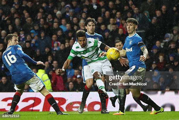 Scott Sinclair of Celtic shoots at goal during the Ladbrokes Scottish Premiership match between Rangers and Celtic at Ibrox Stadium on December 31,...