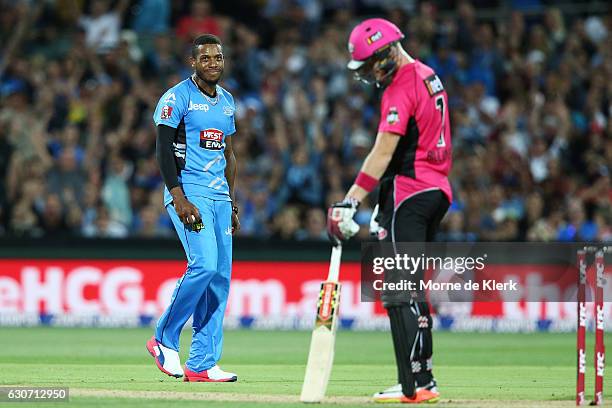 Chris Jordan of the Adelaide Strikers celebrates after getting the wicket of Sam Billings of the Sydney Sixers during the Big Bash League match...