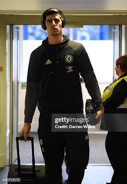 Thibaut Courtois of Chelsea is seen on arrival at the stadium prior to the Premier League match between Chelsea and Stoke City at Stamford Bridge on...