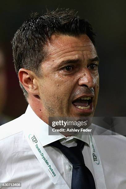 Paul Okon coach of the Mariners reacts during the round 13 A-League match between the Central Coast Mariners and Melbourne City at Central Coast...