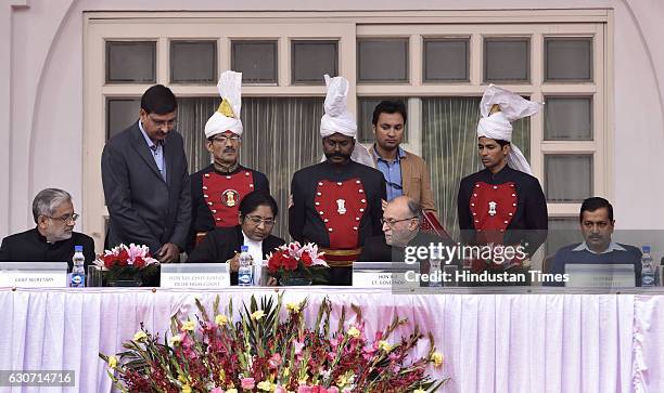 Delhi Chief Secretary MM Kutty, Chief Justice of Delhi High Court G. Rohini, new LG Anil Baijal and Delhi Chief Minister Arvind Kejriwal during the...