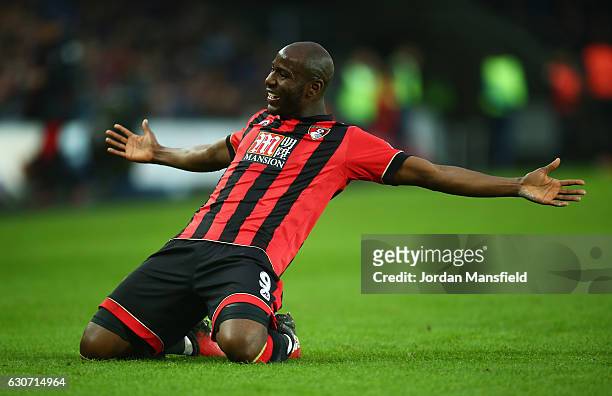 Benik Afobe of AFC Bournemouth celebrates scoring the opening goal during the Premier League match between Swansea City and AFC Bournemouth at...