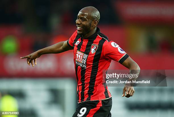 Benik Afobe of AFC Bournemouth celebrates scoring the opening goal during the Premier League match between Swansea City and AFC Bournemouth at...