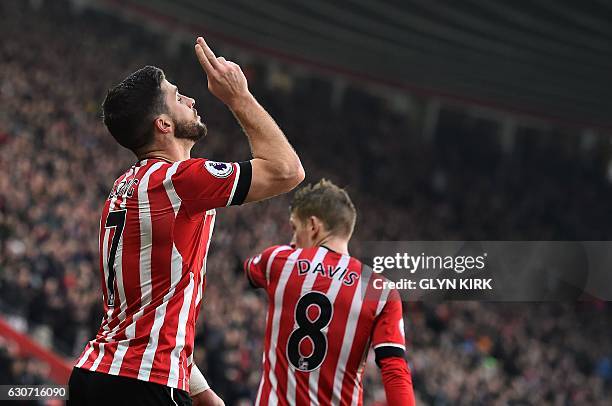 Southampton's Irish striker Shane Long celebrates scoring his team's first goal during the English Premier League football match between Southampton...