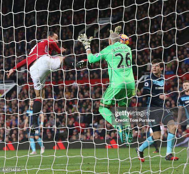 Zlatan Ibrahimovic of Manchester United has a goal disallowed for high feet during the Premier League match between Manchester United and...