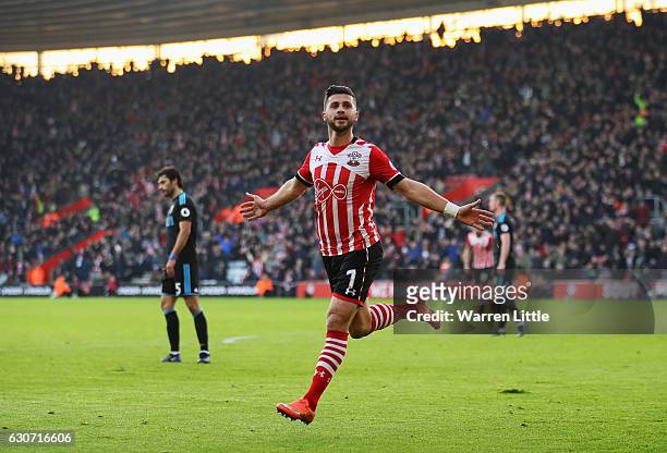 Shane Long of Southampton celebrates scoring the opening goal during the Premier League match between Southampton and West Bromwich Albion at St...