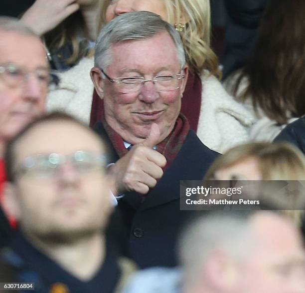 Former Manager Sir Alex Ferguson of Manchester United watches from the stand on his 75th birthday ahead of the Premier League match between...
