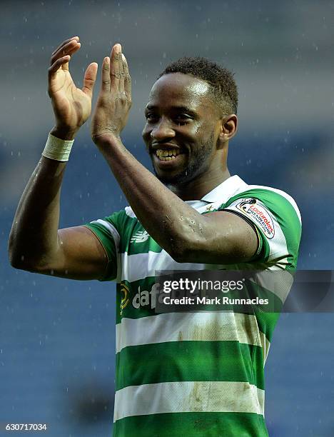 Moussa Dembele of Celtic celebrate at the final Whistle during the Scottish Premiership match between Rangers FC and Celtic FC at Ibrox Stadium on...