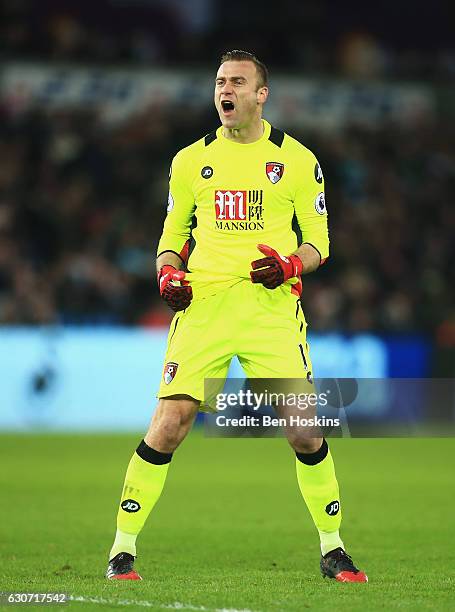 Artur Boruc of AFC Bournemouth celebrates his side's second goal during the Premier League match between Swansea City and AFC Bournemouth at Liberty...
