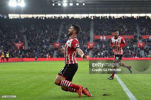 Southampton's Irish striker Shane Long celebrates scoring his team's first goal during the English Premier League football match between Southampton...