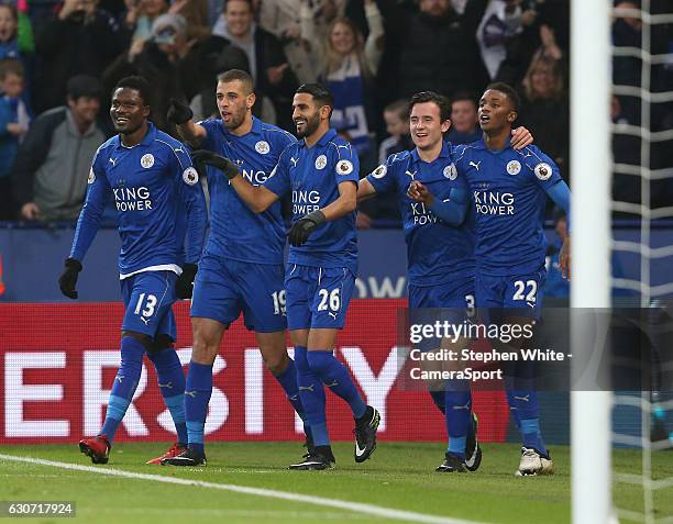 Leicester City's Islam Slimani celebrates scoring the opening goal during the Premier League match between Leicester City and West Ham United at The...