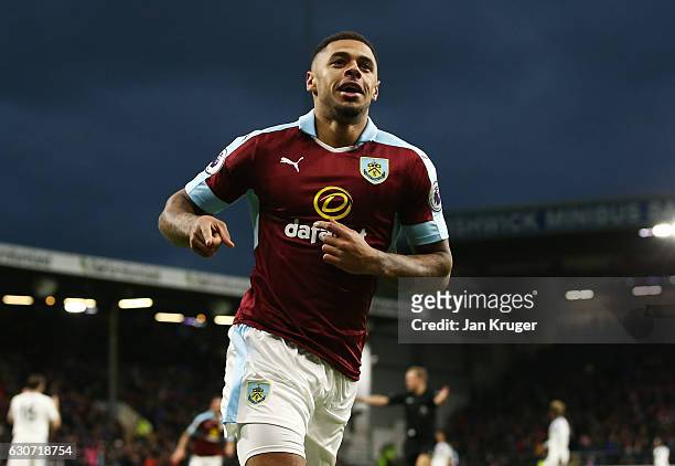 Andre Gray of Burnley celeberates scoring his team's second goal during the Premier League match between Burnley and Sunderland at Turf Moor on...