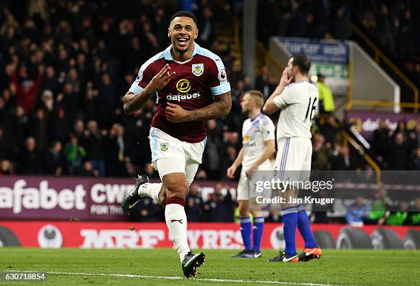 Andre Gray of Burnley celebrates scoring his team's third and hat trick goal during the Premier League match between Burnley and Sunderland at Turf...